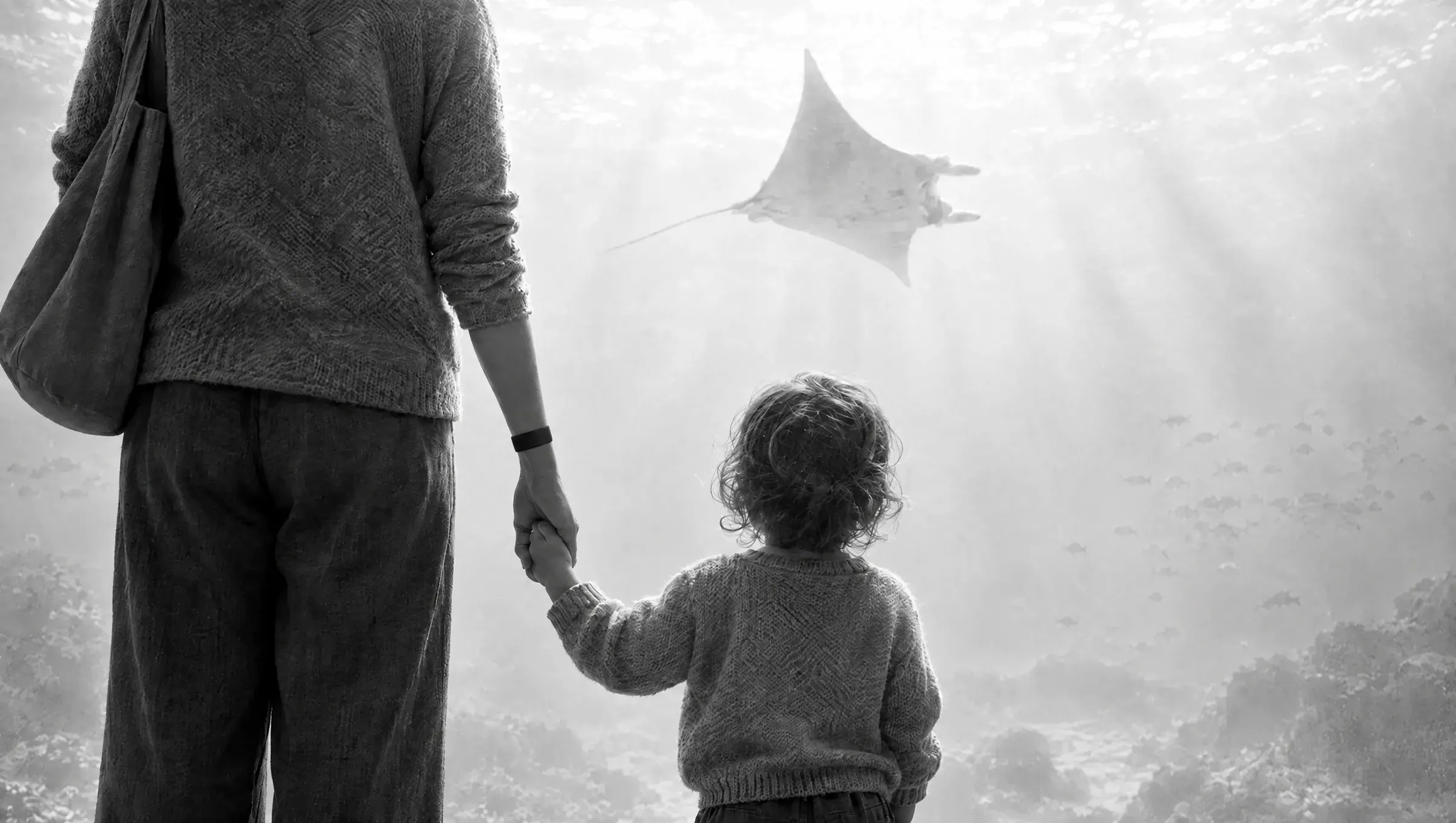 A parent and a small child holding hands in front of an aquarium window as a ray glides past.