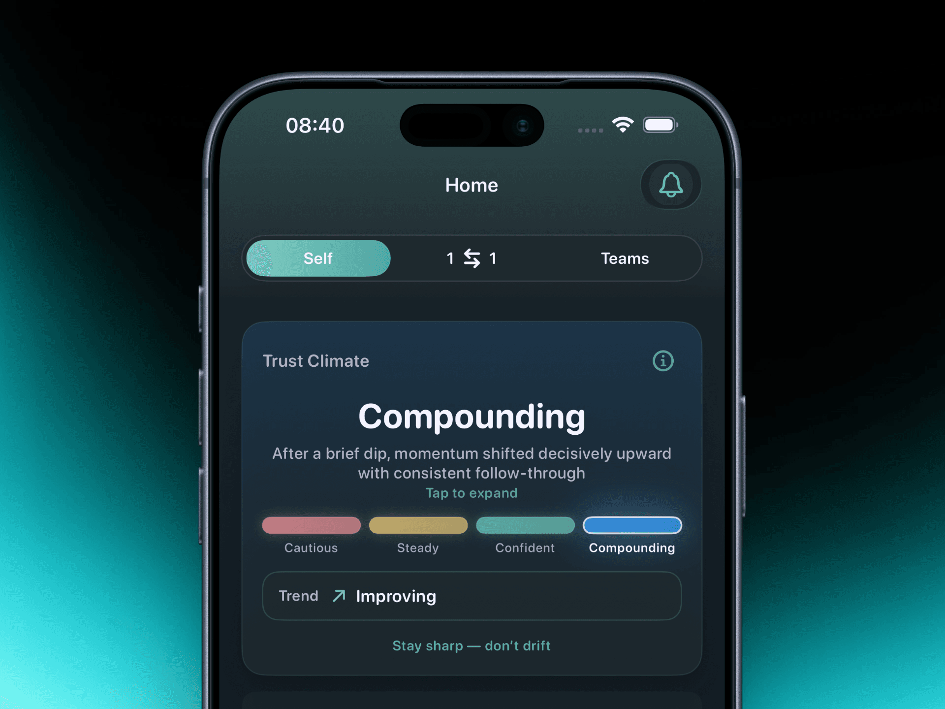 Vizuna on an iPhone, showing a team's trust climate as Compounding, with the trend Improving.